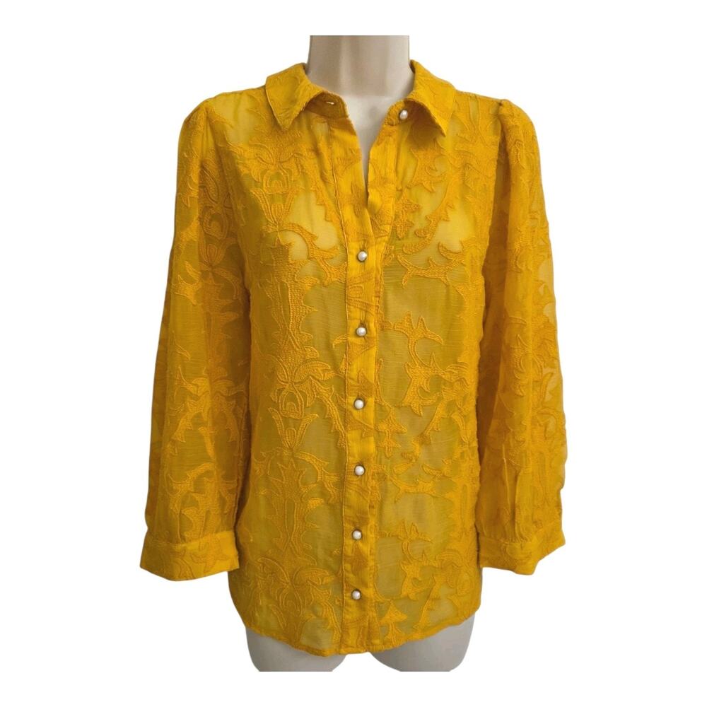 Forever That Girl Yellow Victorian Embroidered Blouse Pearl Buttons Sz Small